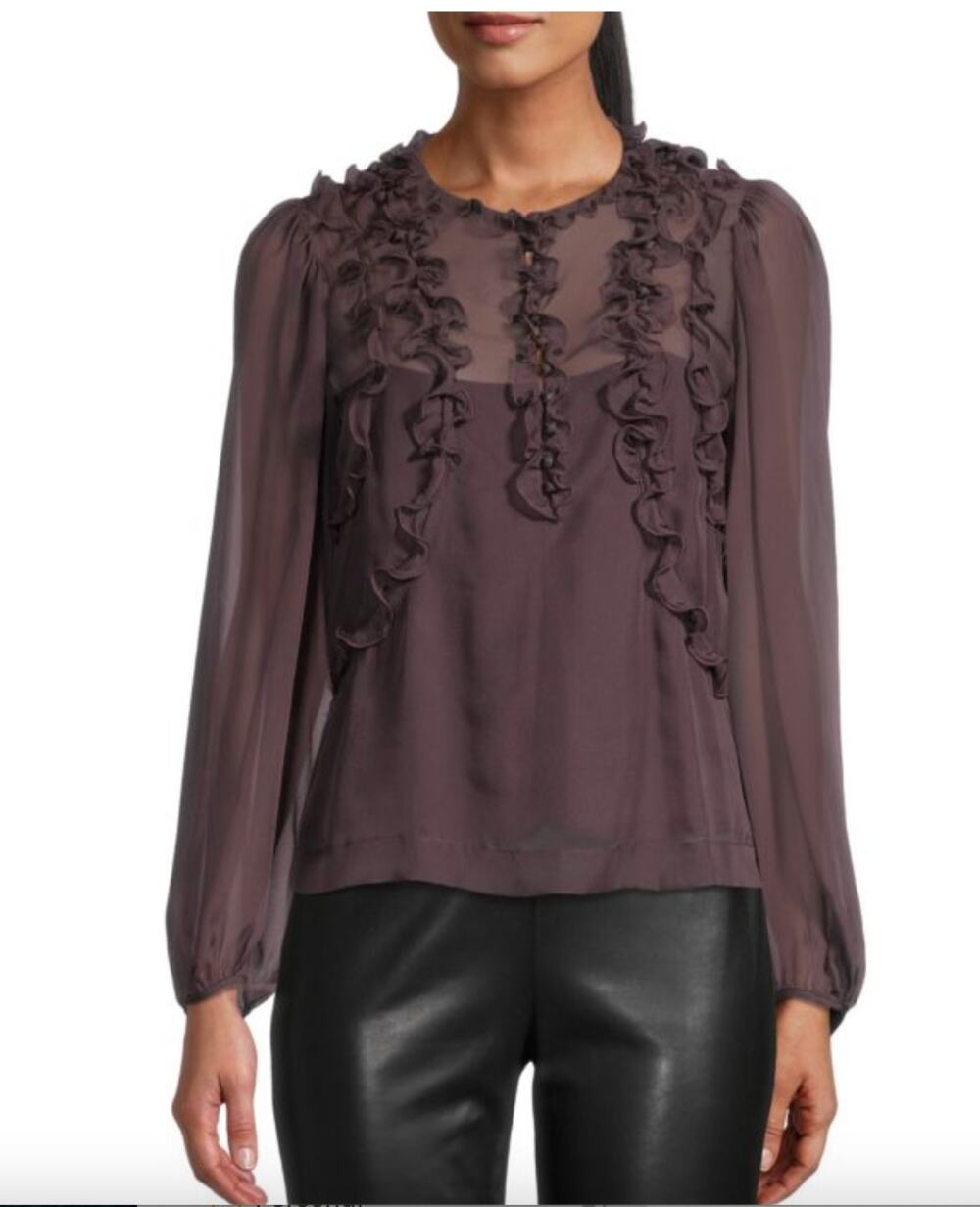 Rebecca Taylor Ruffled Chiffon Blouse in Cabernet Small
